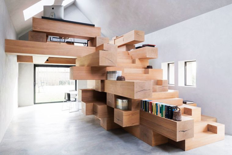 bibliotheque escalier bois meubles deco espace bureau appartement mezzanine