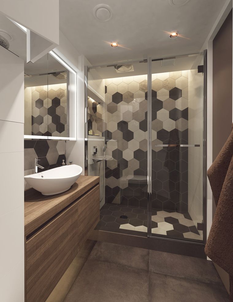 carrelage beige mur salle de bain meuble vasque moderne bois