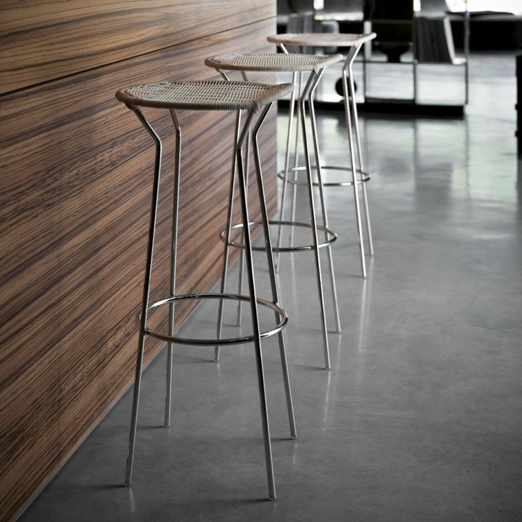 chaise-plan-de-travail metal ilot cuisine bois design contemporain tabouret tresse