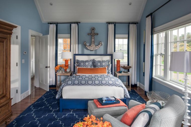 image chambre bleu et gris decoration style bord de mer amenagement chambre adulte
