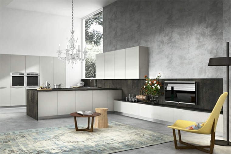 cuisine design îlot semi-central idée luminaire suspension tapis sol gris table basse