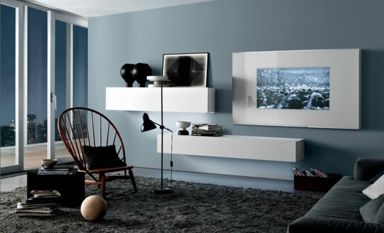 design salon contemporain chaise bois coussins meuble télé tapis sol gris