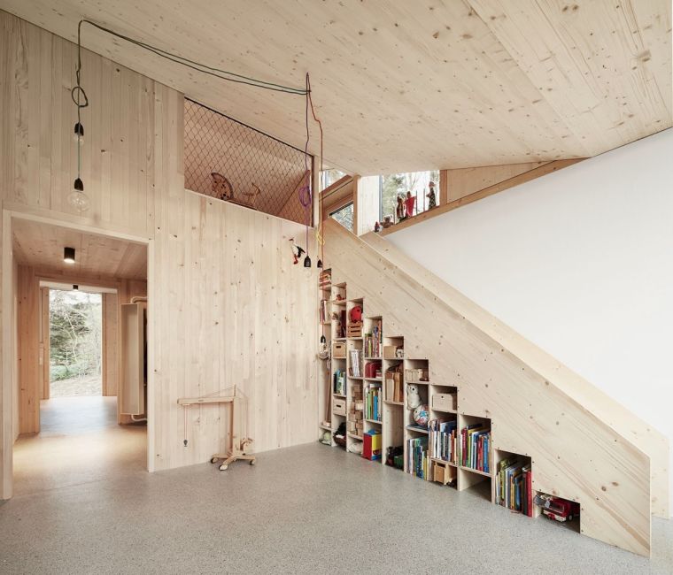 decoration bibliotheque escalier bois rangement mur contemporain idee escaliers 