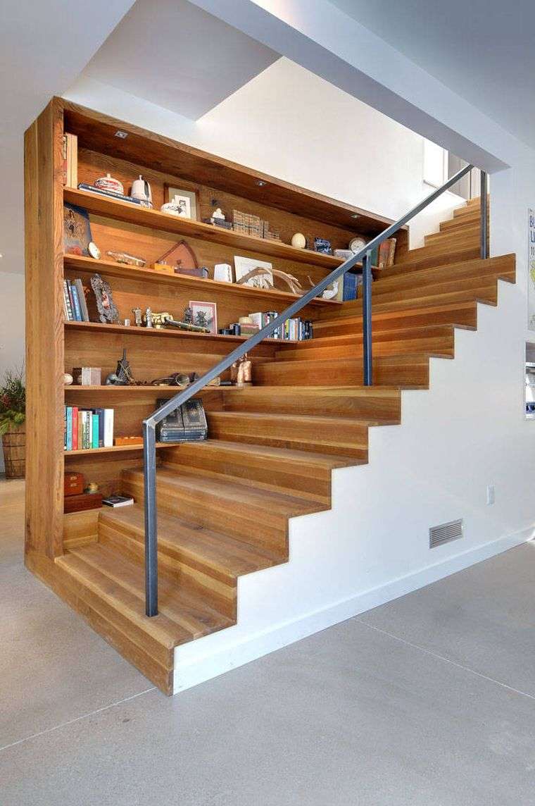 escalier bibliothèque design rampe metal idee decoration bois bibliotheques contemporaines