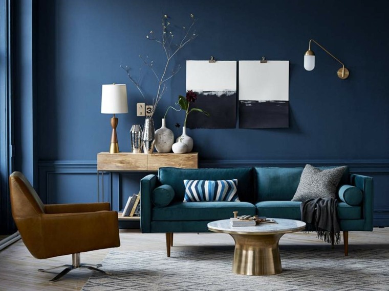 salon mur peinture bleu fauteuil cuir tapis sol table basse