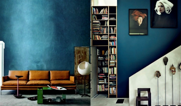 intérieur salon bleu design canapé cuir déco mur bleu canard