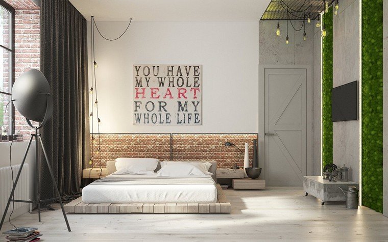 lit design tête de lit briques idée cadre tableau mur luminaire