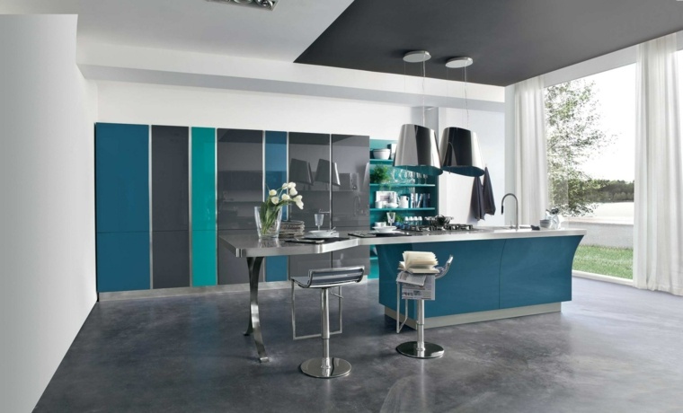 placard cuisine tendance idee deco couleur facade mobilier bleu ilot design