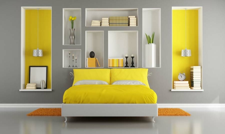 deco peinture jaune gris chambre coucher adulte