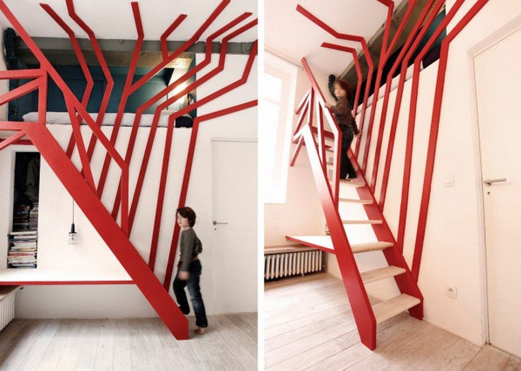 escalier bois design cadre métal rouge moderne intérieur tendance