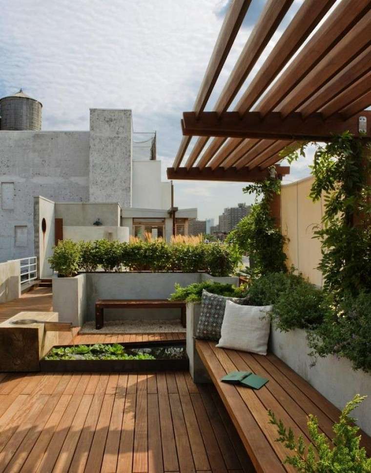 terrasse toit ville bois revêtement sol idée banc jardin bois pergola