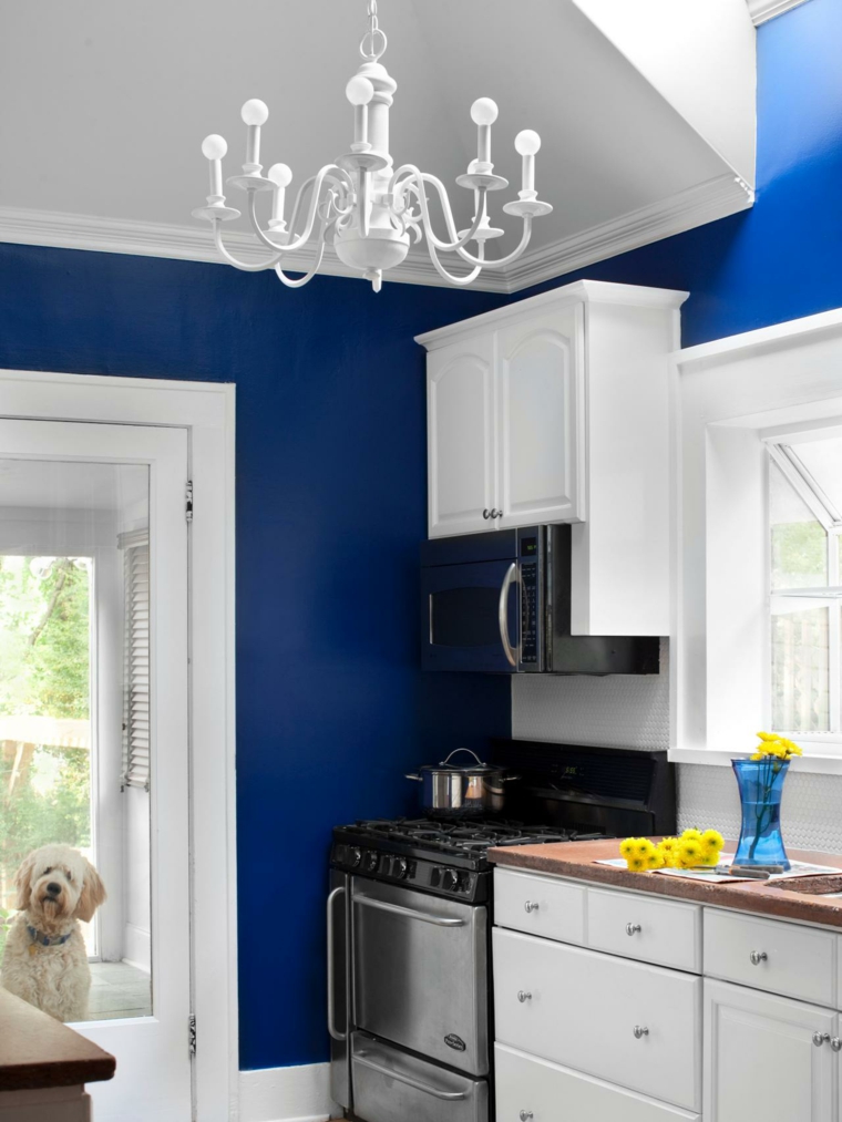 idee deco peinture murs cuisine bleu foncé plafond blanc