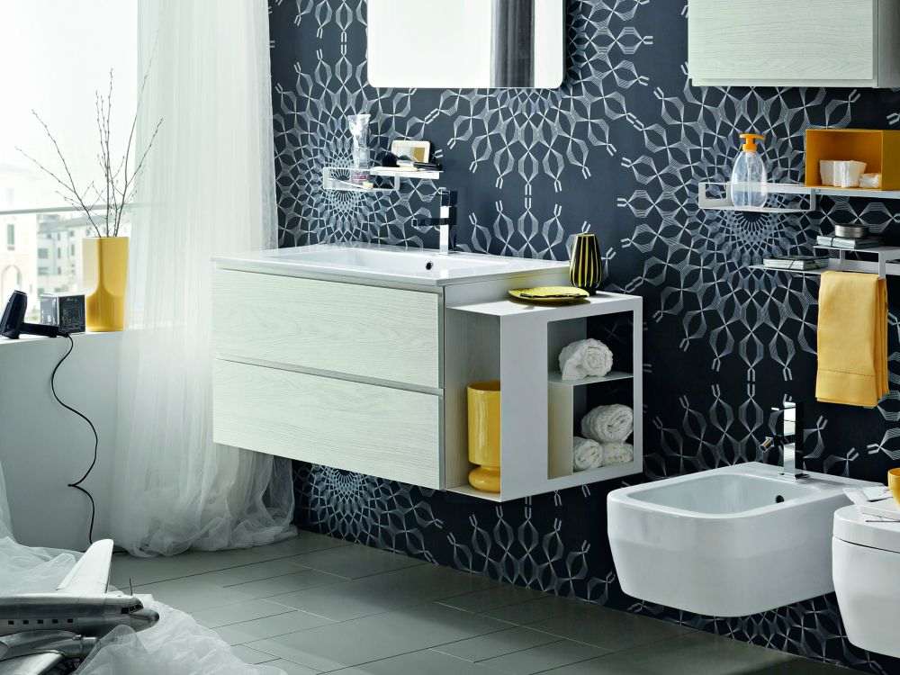 meuble contemporain ambiance et style jaune noir salle de bain