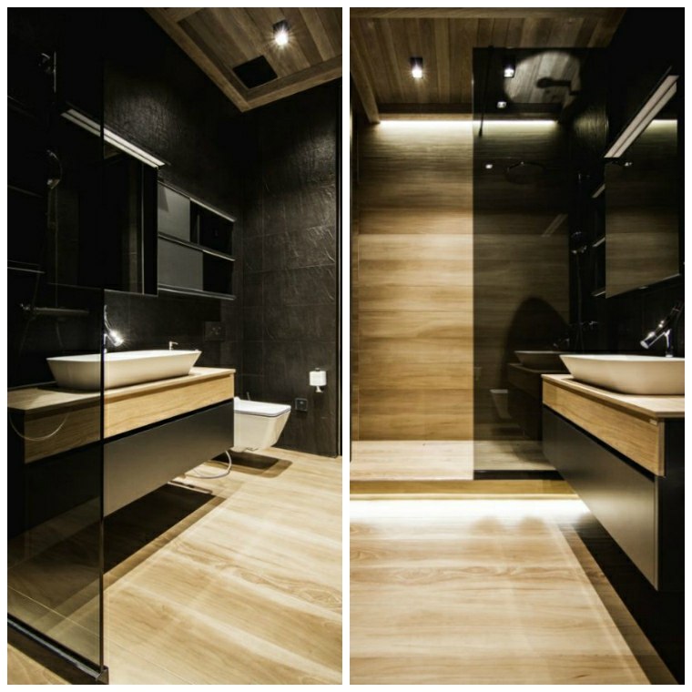meuble salle de bain noir et bois revetement sol parquet decoration petit espace