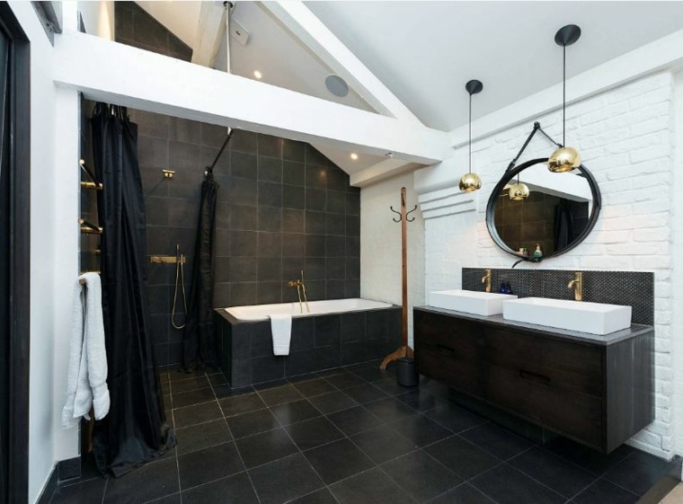 meuble double vasque suspendu noir salle de bain tendance accents dores