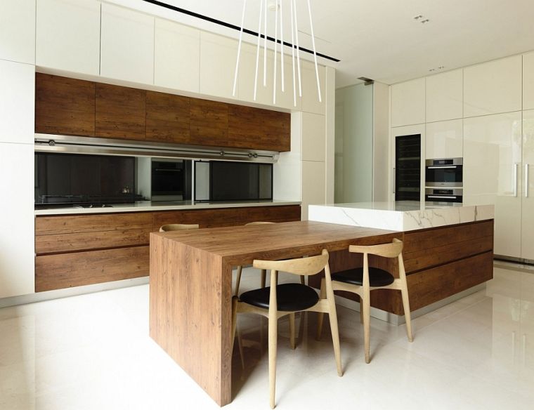 cuisine-bois-brut-marbre-coin-repas-mobilier-blanc-design-moderne