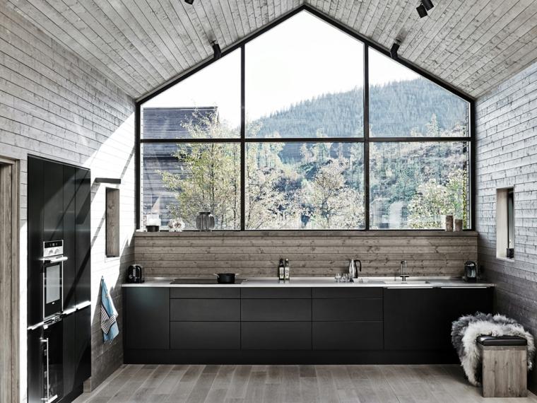 cuisine en l moderne design-scandinave-parement-mural-bois-meuble-noir