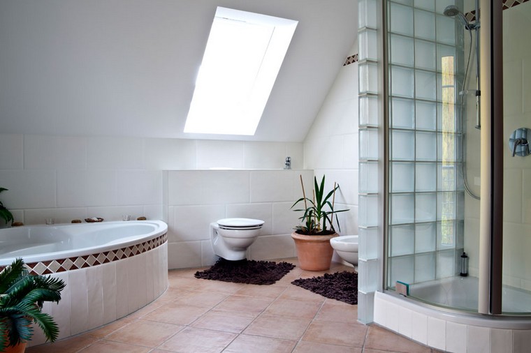 idée déco salle de bain nature pot plante baignoire carrelage douche cabine