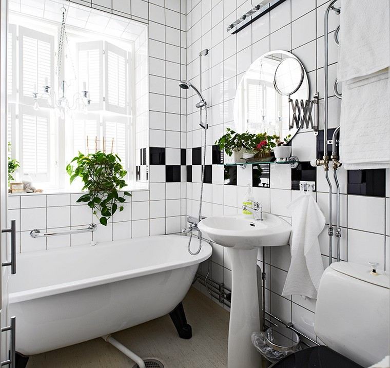 salle de bain design idée baignoire carrelage noir blanc miroir plante déco