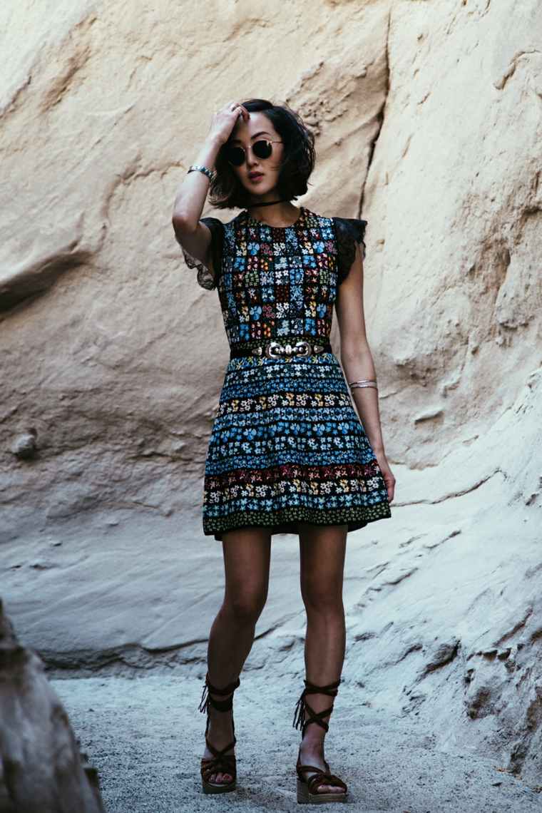 vêtement hippie chic robe imprimee floral tunique bleu