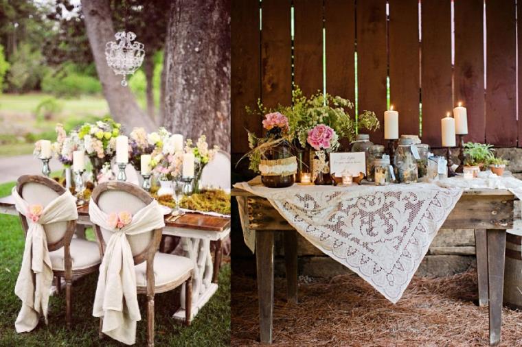 mariage shabby chic table-deco-chaises-tissu-jute-fleurs-bougies