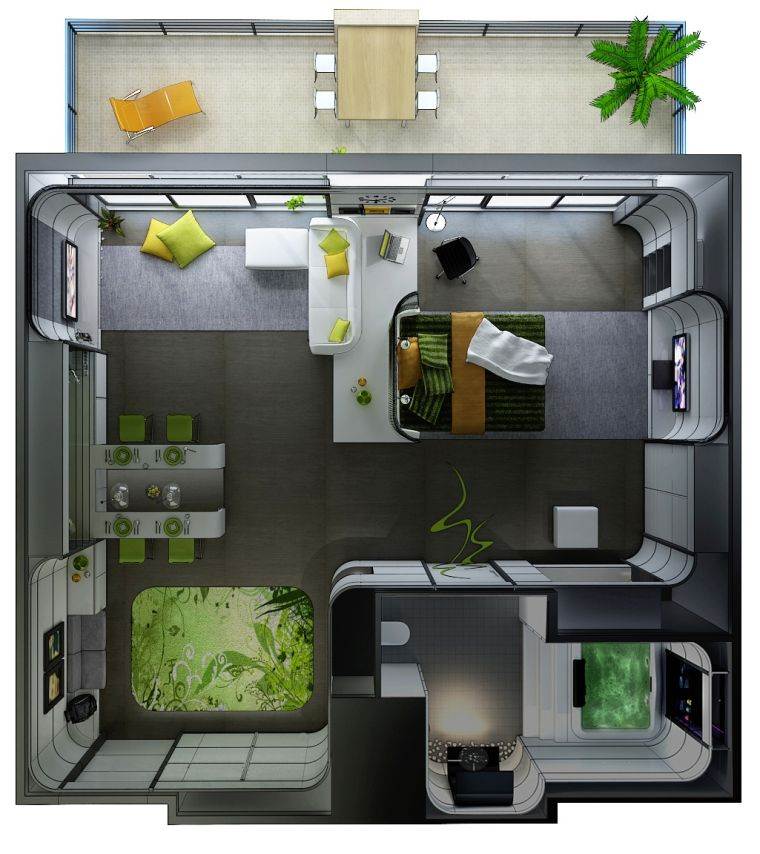 plan appartement studio-3d-balcon-design-moderne