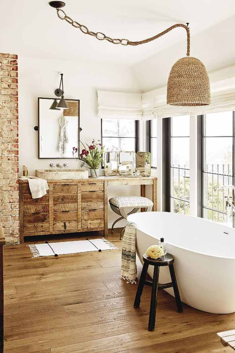 meuble-bois-salle-de-bain-vintage-deco-briques-exposées-photo
