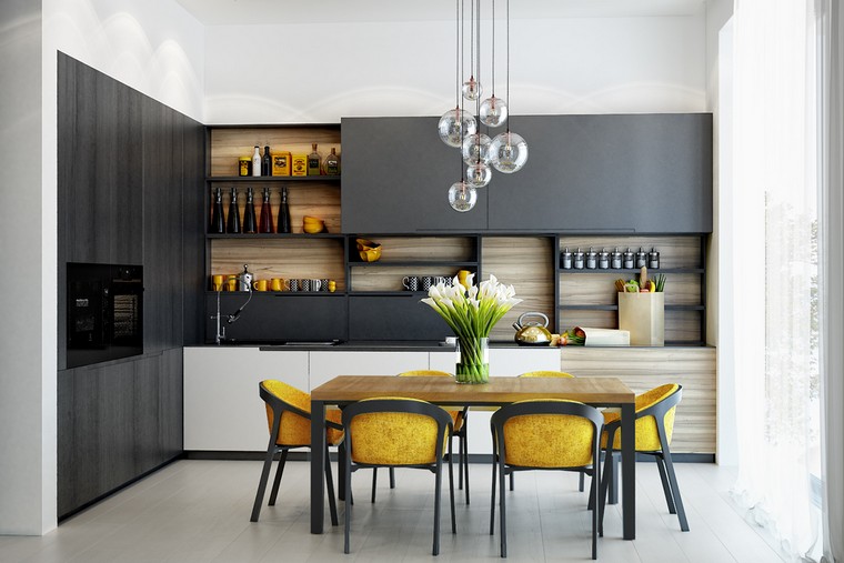 étagères cuisine grise jaune chaise table bois design
