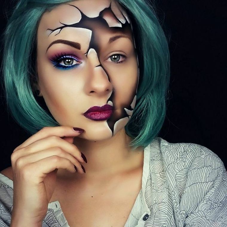 maquillage pour halloween femme-peau-change-cheveux-bleu-gris