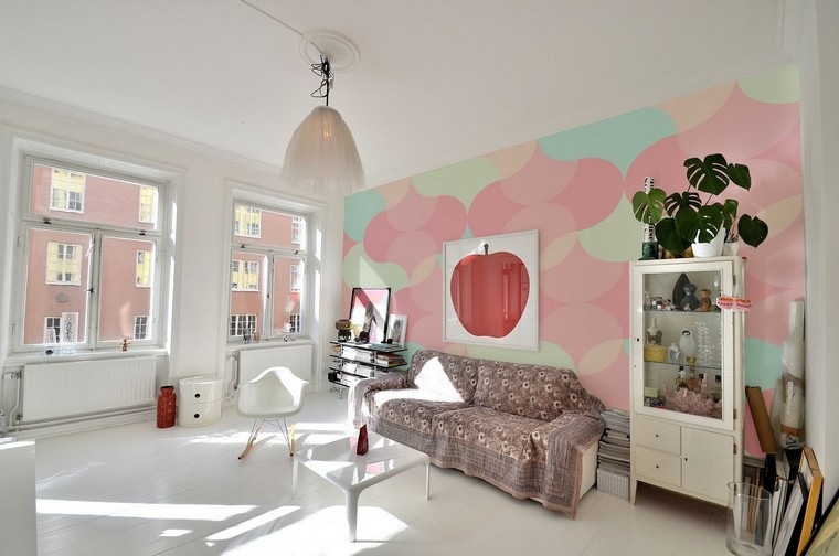 tendance papier peint couleur pastel idée habillage mur déco tableau plante 