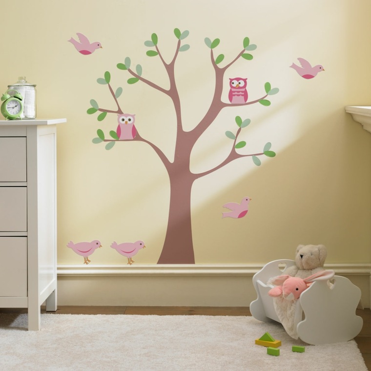 décoration murale chambre bébé hiboux-roses