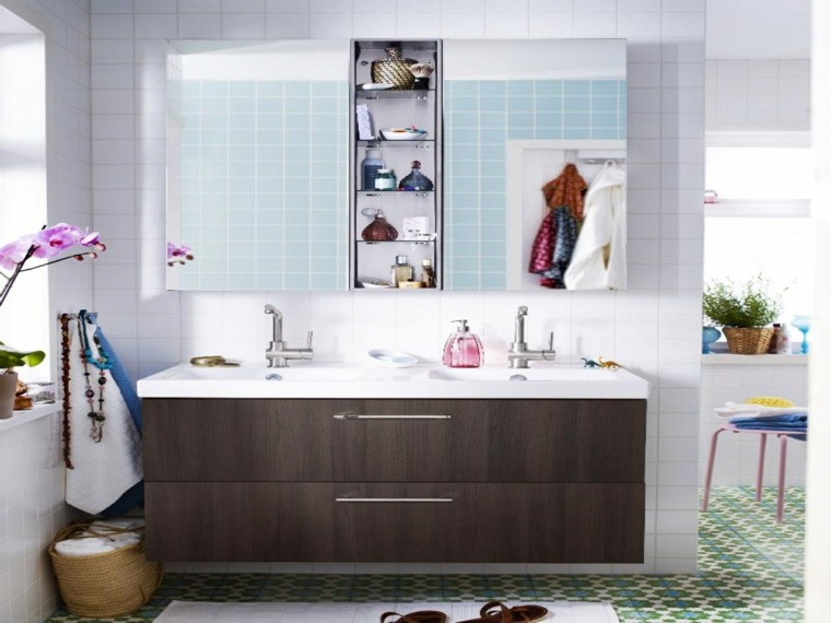 meuble salle de bain ikea large-marron-sous-deux-lavabos