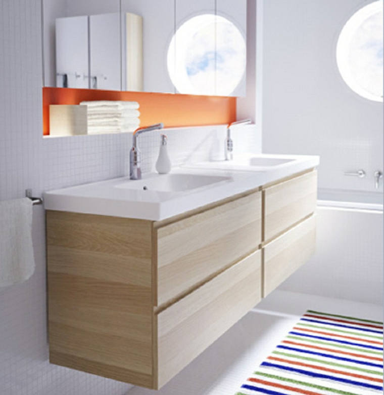 meuble salle de bain ikea long-bois-couleur-naturelle-claire-deux-lavabos