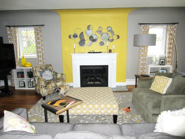 photo salon moderne mur-gris-clair-jaune-meubles-gris-elements-blancs