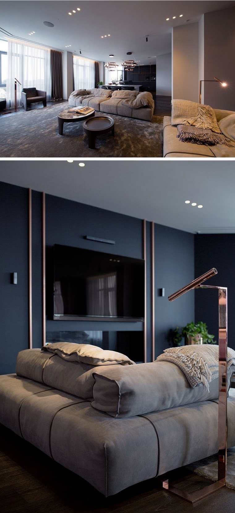 appartement rénové design canapé gris salon table basse