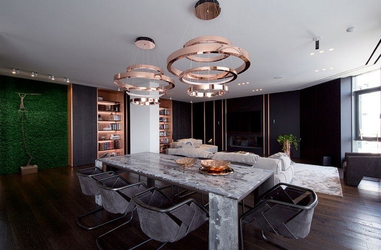 appartement rénové design salle à manger luminaire cuivre