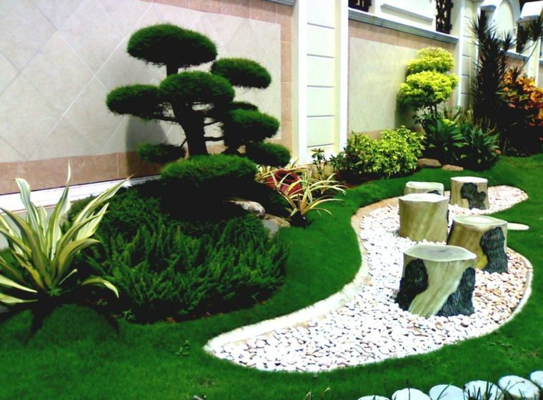 aménagement extérieur moderne cour-devant-pelouse-plantes