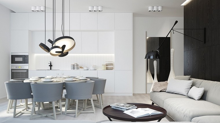intérieur gris et blanc idée salle à manger luminaire suspension canapé blanc