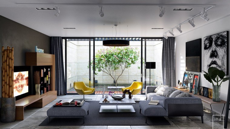 déco design canapé gris fauteuil jaune moderne tapis sol gris