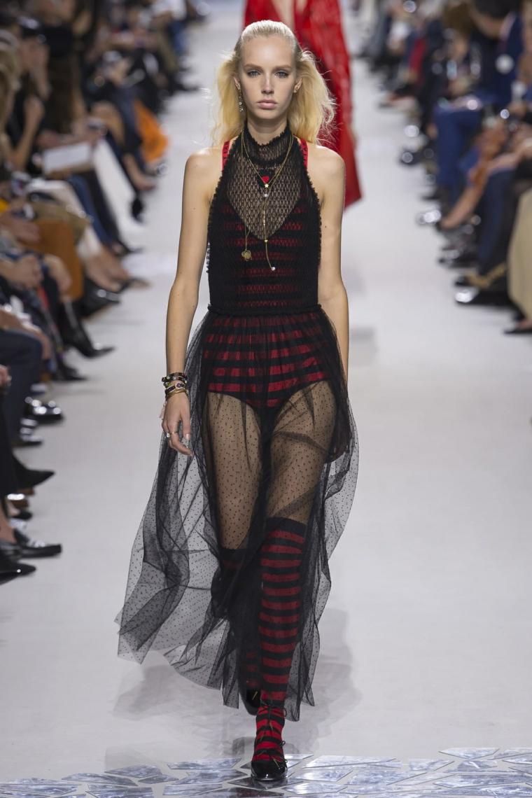 tendance printemps été 2018 chez-Dior-robe-noir-tulle-chaussettes-tenue-type-maillot-bain-rayures-noir-rouge