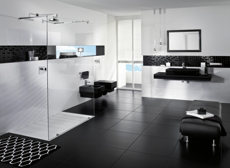 carrelage salle de bain noir et blanc luxe-douche-italienne