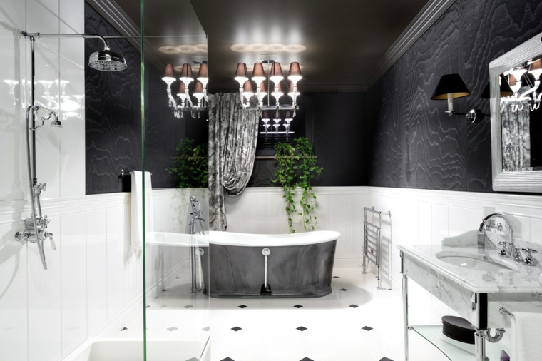 carrelage salle de bain noir et blanc luxe-papier-peint-noir-plante-verte