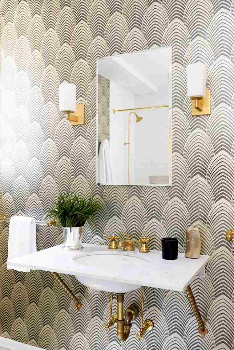 papier peint petite salle de bain moderne déco miroir luminaire