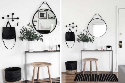 meuble pour entrée fin-noir-chaise-miroir-porte-manteau-sac