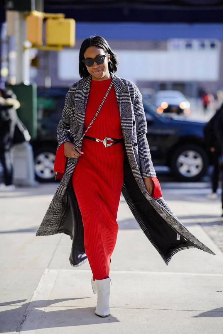 street fashion femme veste carreaux femme robe rouge longue
