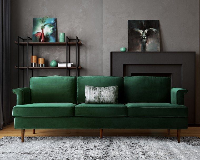 meuble salon tendance 2019 canapé vert tapis sol déco cheminée