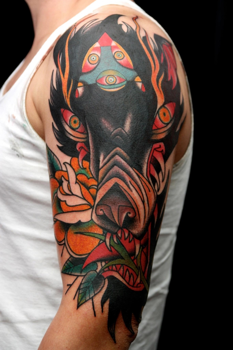 tatouage de loup japonais en couleur 