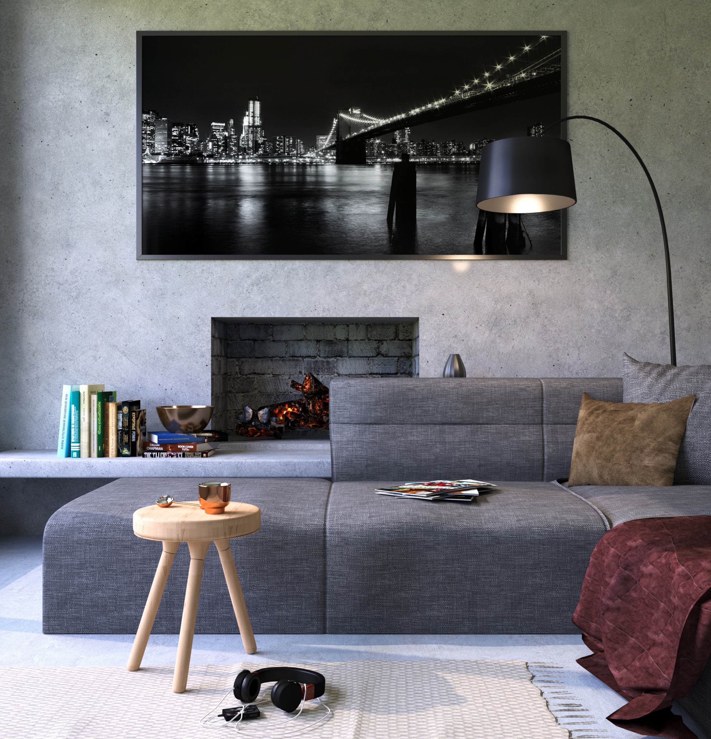 salon design déco cheminée