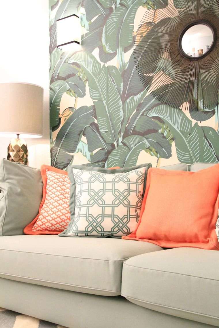 salon moderne avec feuilles tropicales 