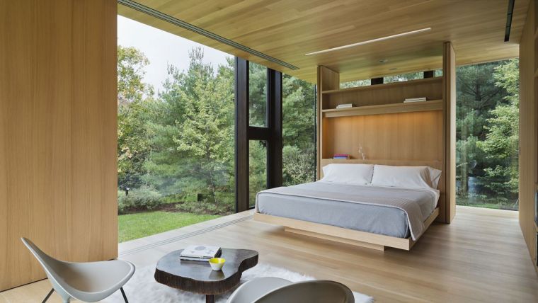 déco de chambre moderne avec du verre et bois 